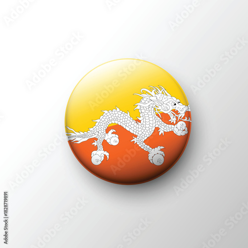 Glossy 3D Bhutan flag button with white dragon emblem