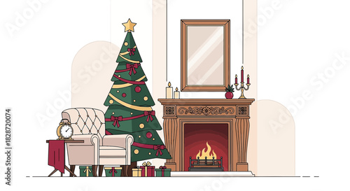 Festive holiday interior featuring a decorated christmas tree and a warm fireplace creating a cozy