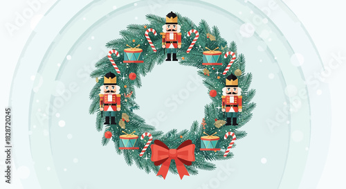 Festive holiday wreath with nutcrackers, candy canes, and a bright red bow within a wintery snow