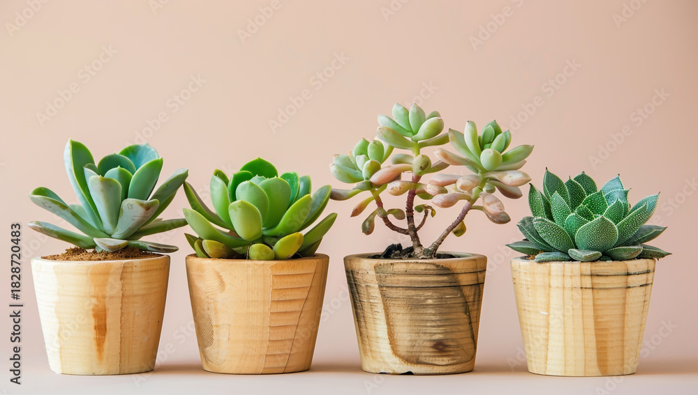 Fototapeta premium Four small succulent plants in wooden pots on a light pink background