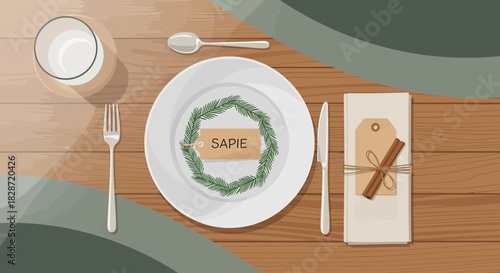 Festive place setting on rustic wood table with personalized tag and cinnamon stick design