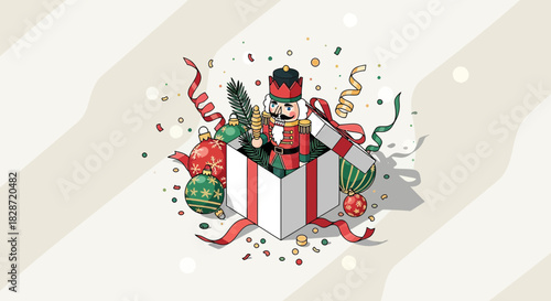 Festive surprise a cheerful christmas nutcracker pops out of a decorated gift box spreading joy
