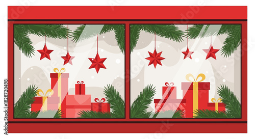 Festive window display with christmas gifts, stars, and evergreen branches creating holiday cheer