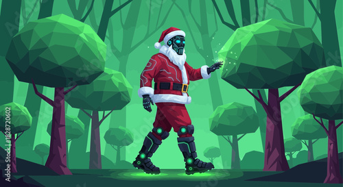 Futuristic Christmas Robot Santa Claus in a Geometric Green Forest Concept Artwork