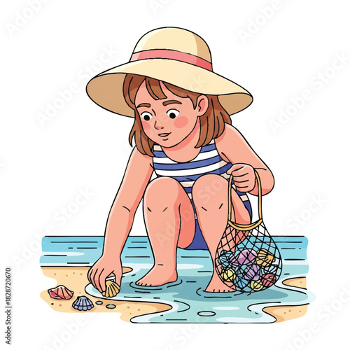 A young girl in a striped swimsuit and straw hat picks up seashells with a colorful net on a sunny beach.
