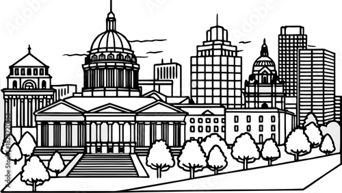 Very beautiful aerial panorama of the South Carolina Statehouse and Columbia skyline, captured on a sunny morning with clear skies, detailed architecture, and a clean, expansive urban landscape suitab