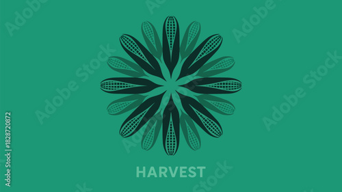 Abstract harvest design with corn cobs in circular pattern on green background celebrating autumn abundance and agricultural success