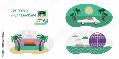 Retro futurism illustration with palm trees car and futuristic architecture