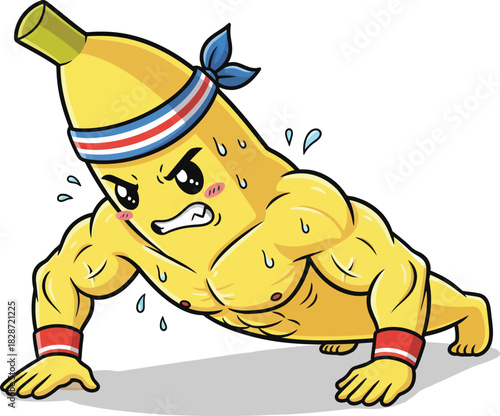 Kawaii muscular banana doing push-ups with sweat drops, determined expression, sporty vector cartoon style