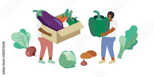People carrying freshly harvested vegetables in a box and a pepper