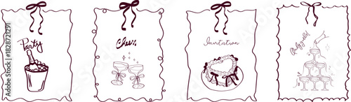 Hand drawn trendy art for bachelorette party and wedding invitations vector illustration set.