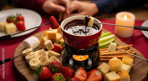Indulge in sweet moments dipping fresh strawberries and cake into rich chocolate fondue with loved ones for a delightful evening celebration