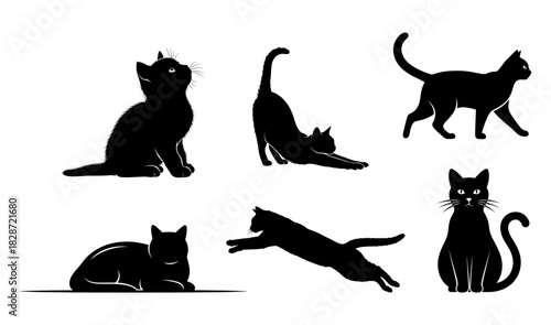 Six black cat silhouettes in various poses including sitting, stretching, walking, leaping, and lying down.