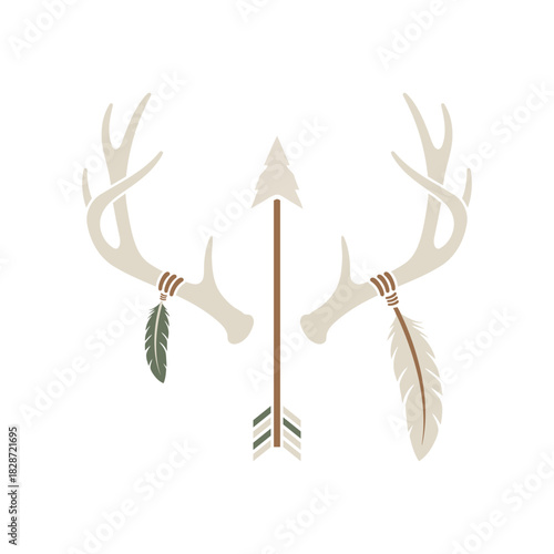 Illustration of deer antlers with feathers tied to them, flanking a central arrow with a stylized arrowhead and fletching.
