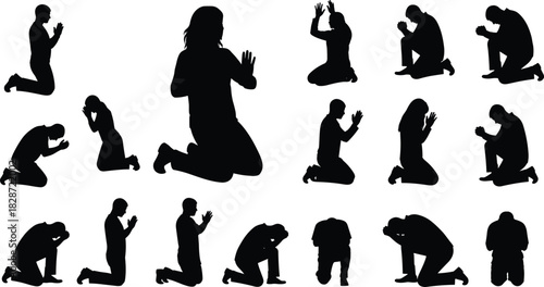 A comprehensive silhouette collection of people kneeling in prayer, worship, devotion, or distress, showcasing various emotional poses for themes like religion, spi