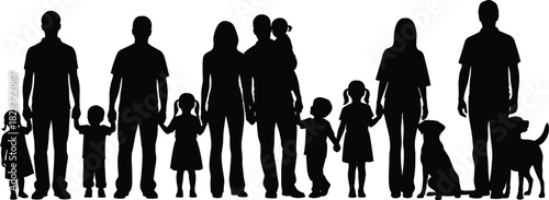 A comprehensive silhouette collection of diverse families, adults holding children's hands, parents carrying infants, and pets, representing family unity, childhood, parental 