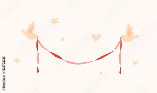 Cute romantic garland made of twisted ribbon in red and pink colours held by two beige doves. Perfect for Valentine's Day, wedding invitations, Christmas packaging decorations, cards