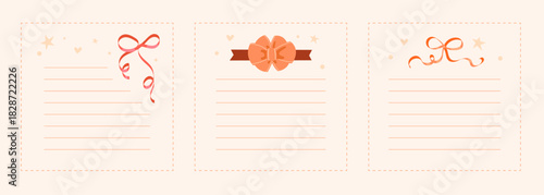 Cozy collection of lined notepads with cute curly bows in soft warm beige and pink colours. Perfect for notes, memo, notebooks, stationery, checklist