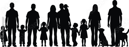 A comprehensive silhouette panorama of a large family group, adults holding children's hands, parents carrying an infant, and two pet dogs, representing unity, multi-genera