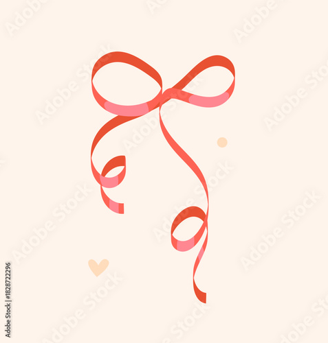 Cute curly festive bow in pastel pink colour made of wavy ribbon. Perfect for Christmas packaging design, cards, Valentine's Day and other holidays