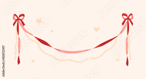Cute romantic garland made of twisted ribbon, beige beads and classic bows in red and pink colours. Perfect for Valentine's Day, wedding invitations, Christmas packaging decorations, cards