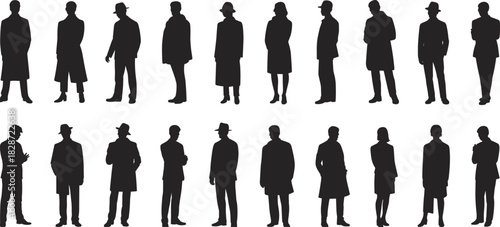Business people silhouettes, professional men and women, formal wear, standing poses, group diversity, corporate team, leadership, success, teamwork, networking
