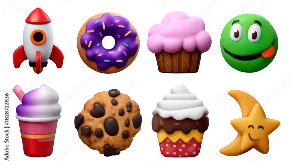 Fototapeta premium Colorful and Fun Cartoon Icons of Sweet Treats and a Rocket on Transparent Background