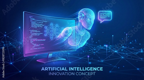 Low Poly Wireframe Artificial Intelligence Innovation Concept. AI Robot, Neural Network and Coding Support.