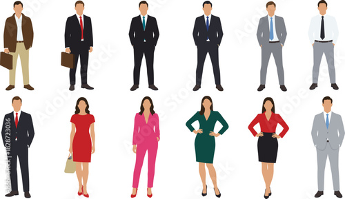 Business people standing together in corporate attire, male and female office professionals, diverse team concept, executive fashion, workplace outfit illustration, isolated on white background