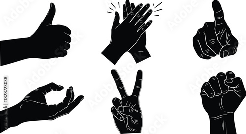 A black silhouette collection of various hand gestures including thumbs up, clapping, pointing, holding, peace sign, and a fist, symbolizing communication, success, agreement, victor