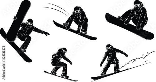 A dynamic collection of black and white silhouettes depicting a snowboarder performing extreme tricks, jumps, and carving, illustrating winter sports, speed, action, adventure, and a