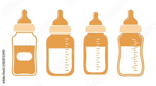 Assortment of baby bottles in a creamy color. Vibrant vector illustration.
