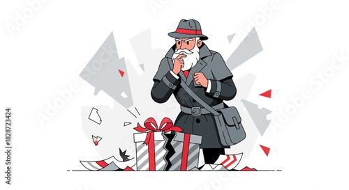 Puzzled detective with a broken gift presents a mysterious holiday investigation scene