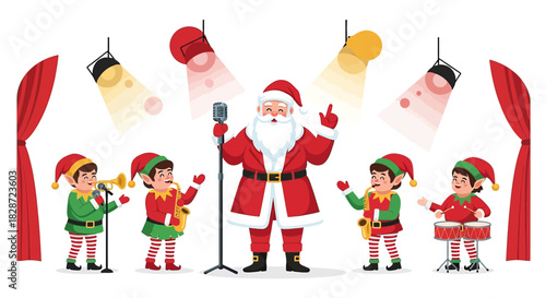 Santa Claus and the elves performing a Christmas concert on stage illustration