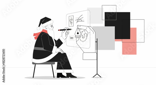 Santa Claus crafting messages with a creative pen near abstract shapes illustration
