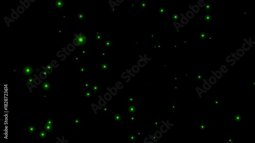 Green fireflies particle animation on black background, glowing insect light dots drifting in darkness, soft sparkle flicker effect, magical night firefly scatter, dreamy forest glow particles 