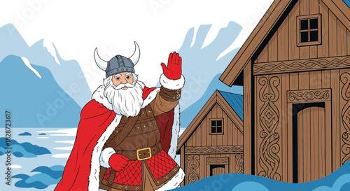Santa as a Viking waves from a Nordic village backdrop filled with snowy mountains