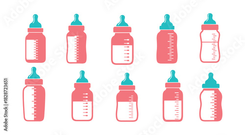 Group of baby bottles in a shade of milk. Multicolored vector art.