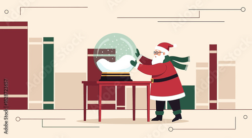 Santa Claus enchanting a festive snow globe amidst a cozy abstract backdrop indoors