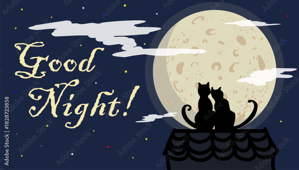 Naklejka premium Romantic good night wish with the moon and two black cats.