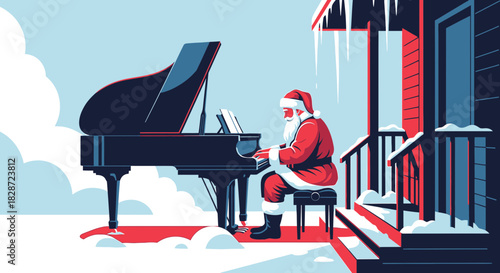 Santa Claus playing piano outside in snowy landscape with building in the background