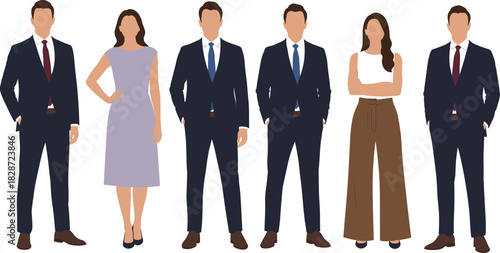 Business professionals standing group illustration, corporate people team in formal office attire, flat vector design, teamwork, diversity, leadership, collaboration, business success concept
