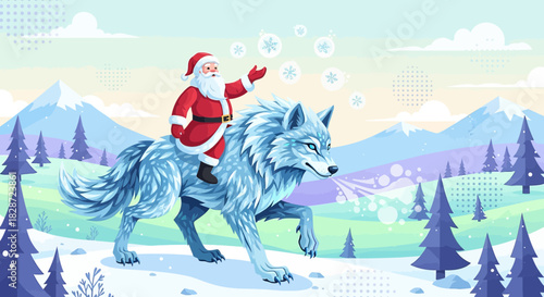 Santa Claus rides a majestic ice wolf across a snowy winter landscape illustration