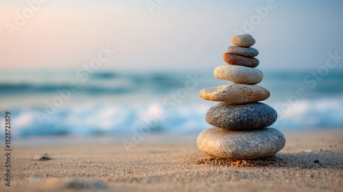 Seven smooth stones are carefully stacked on the sandy shore with gentle waves lapping at the beach. The sunset casts a warm glow over this peaceful scene inviting tranquility.