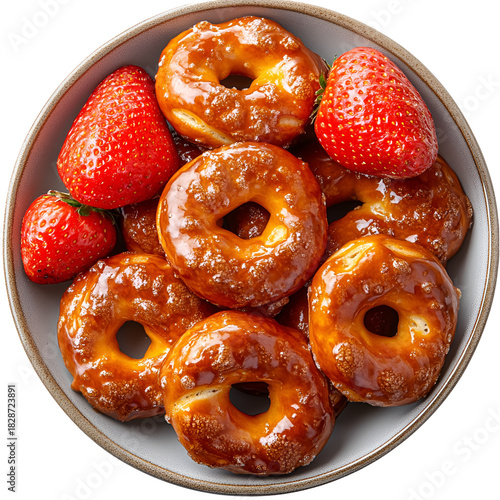 Glazed doughnuts and strawberries in bowl
