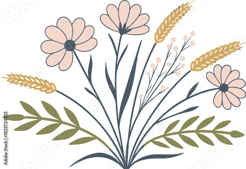 Delicate Floral and Wheat Arrangement with Soft Pastel Colors on White Background