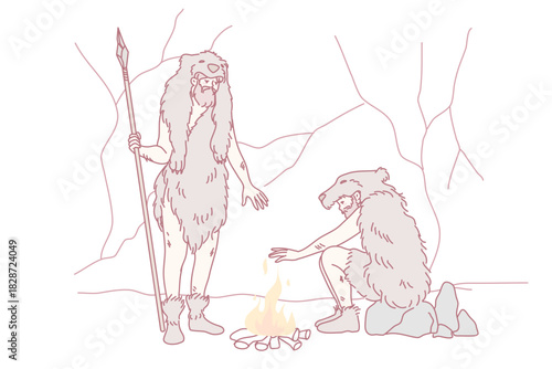 Cavemen in animal fur clothes setting fire outside. Tribal men making bonfire during ancient ages outdoors. Flat vector illustration.