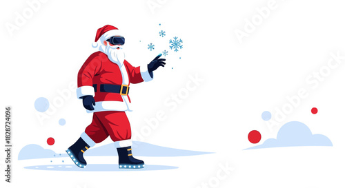 Santa using augmented reality headset with holographic snowflakes in virtual christmas