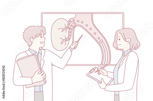 Doctors brainstorm talk about patient embolization. Medical colleague discuss diagnosis looking at organ picture. Hepatology and liver problem. Vector illustration.