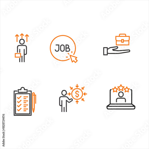 Set of thin line icons for business and career management, including job search, salary, promotion, and performance review concepts